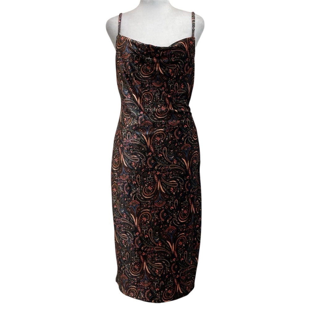 Sage Collective Dark Paisley Print Velvet Cowl Neck Sleeveless Dress